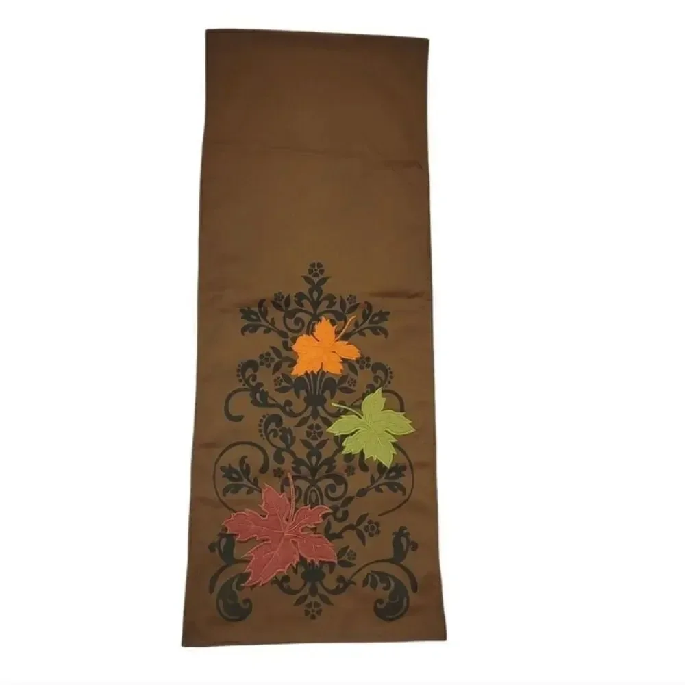 Vintage Pier 1 Imports Fall Autumn Embroidered Leaves Brown Table Runner 71x13.5